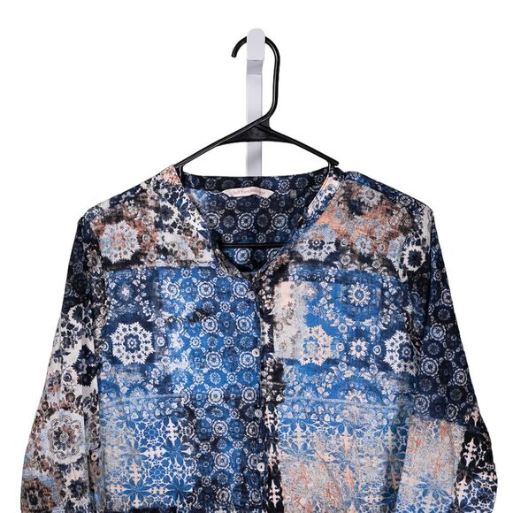 Soft Surroundings Women's Shirt Button Up Blue Brown Geometric Blouse Top Size L - Picture 5 of 9